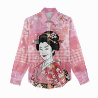 Japanese Geisha Cherry Blossom Women Casual Shirt Pink Palaka Hawaii Pattern Fusion Design