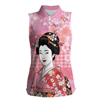 Japanese Geisha Cherry Blossom Women Sleeveless Polo Shirt Pink Palaka Hawaii Pattern Fusion Design