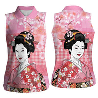 Japanese Geisha Cherry Blossom Women Sleeveless Polo Shirt Pink Palaka Hawaii Pattern Fusion Design