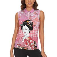 Japanese Geisha Cherry Blossom Women Sleeveless Polo Shirt Pink Palaka Hawaii Pattern Fusion Design