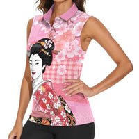 Japanese Geisha Cherry Blossom Women Sleeveless Polo Shirt Pink Palaka Hawaii Pattern Fusion Design
