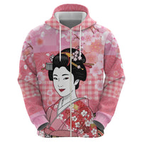 Japanese Geisha Cherry Blossom Zip Hoodie Pink Palaka Hawaii Pattern Fusion Design LT19 - Polynesian Pride