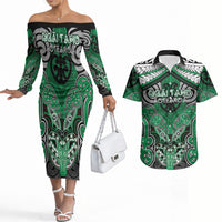 Aotearoa Iwi Ngai Tahu Personalised Couples Matching Off The Shoulder Long Sleeve Dress and Hawaiian Shirt Maori Kowhaiwhai Pattern