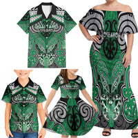 Aotearoa Iwi Ngai Tahu Personalised Family Matching Off Shoulder Maxi Dress and Hawaiian Shirt Maori Kowhaiwhai Pattern