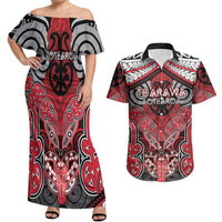 Aotearoa Iwi Te Arawa Personalised Couples Matching Off Shoulder Maxi Dress and Hawaiian Shirt Maori Kowhaiwhai Pattern