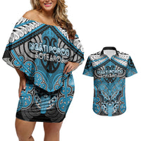 Aotearoa Iwi Ngati Porou Personalised Couples Matching Off Shoulder Short Dress and Hawaiian Shirt Maori Kowhaiwhai Pattern