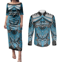 Aotearoa Iwi Ngati Porou Personalised Couples Matching Puletasi and Long Sleeve Button Shirt Maori Kowhaiwhai Pattern