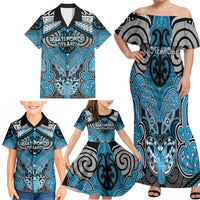 Aotearoa Iwi Ngati Porou Personalised Family Matching Off Shoulder Maxi Dress and Hawaiian Shirt Maori Kowhaiwhai Pattern