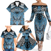Aotearoa Iwi Ngati Kahungunu Personalised Family Matching Off The Shoulder Long Sleeve Dress and Hawaiian Shirt Maori Kowhaiwhai Pattern