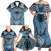Aotearoa Iwi Ngati Kahungunu Personalised Family Matching Off Shoulder Maxi Dress and Hawaiian Shirt Maori Kowhaiwhai Pattern