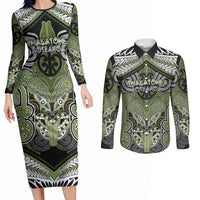 Aotearoa Iwi Whakatohea Personalised Couples Matching Long Sleeve Bodycon Dress and Long Sleeve Button Shirt Maori Kowhaiwhai Pattern