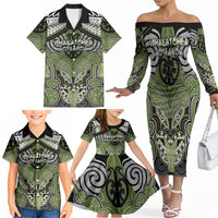Aotearoa Iwi Whakatohea Personalised Family Matching Off The Shoulder Long Sleeve Dress and Hawaiian Shirt Maori Kowhaiwhai Pattern