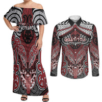 Aotearoa Iwi Ngati Toa Personalised Couples Matching Off Shoulder Maxi Dress and Long Sleeve Button Shirt Maori Kowhaiwhai Pattern