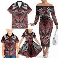 Aotearoa Iwi Ngati Toa Personalised Family Matching Off The Shoulder Long Sleeve Dress and Hawaiian Shirt Maori Kowhaiwhai Pattern