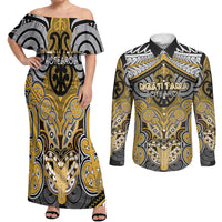 Aotearoa Iwi Ngati Tama Personalised Couples Matching Off Shoulder Maxi Dress and Long Sleeve Button Shirt Maori Kowhaiwhai Pattern