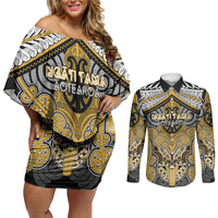 Aotearoa Iwi Ngati Tama Personalised Couples Matching Off Shoulder Short Dress and Long Sleeve Button Shirt Maori Kowhaiwhai Pattern