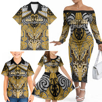 Aotearoa Iwi Ngati Tama Personalised Family Matching Off The Shoulder Long Sleeve Dress and Hawaiian Shirt Maori Kowhaiwhai Pattern