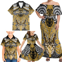 Aotearoa Iwi Ngati Tama Personalised Family Matching Off Shoulder Maxi Dress and Hawaiian Shirt Maori Kowhaiwhai Pattern
