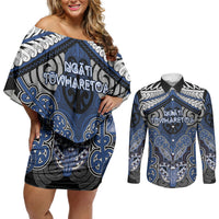 Aotearoa Iwi Ngati Tuwharetoa Personalised Couples Matching Off Shoulder Short Dress and Long Sleeve Button Shirt Maori Kowhaiwhai Pattern