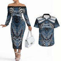 Aotearoa Iwi Ngati Mutunga Personalised Couples Matching Off The Shoulder Long Sleeve Dress and Hawaiian Shirt Maori Kowhaiwhai Pattern