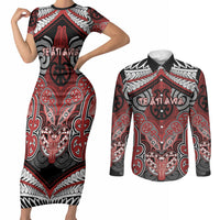 Aotearoa Iwi Te Ati Awa Personalised Couples Matching Short Sleeve Bodycon Dress and Long Sleeve Button Shirt Maori Kowhaiwhai Pattern
