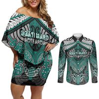 Aotearoa Iwi Ngati Maru Personalised Couples Matching Off Shoulder Short Dress and Long Sleeve Button Shirt Maori Kowhaiwhai Pattern