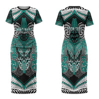 Aotearoa Iwi Ngati Maru Personalised Couples Matching Short Sleeve Bodycon Dress and Hawaiian Shirt Maori Kowhaiwhai Pattern