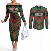Aotearoa Iwi Ngati Hine Personalised Couples Matching Off The Shoulder Long Sleeve Dress and Long Sleeve Button Shirt Maori Kowhaiwhai Pattern
