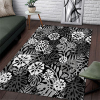 Black Aloha Hawaiian Area Rug Monstera Hibiscus Tropical Pattern
