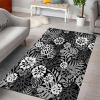 Black Aloha Hawaiian Area Rug Monstera Hibiscus Tropical Pattern
