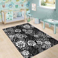Black Aloha Hawaiian Area Rug Monstera Hibiscus Tropical Pattern