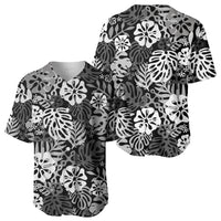 Black Aloha Hawaiian Baseball Jersey Monstera Hibiscus Tropical Pattern