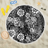 Black Aloha Hawaiian Beach Blanket Monstera Hibiscus Tropical Pattern