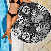 Black Aloha Hawaiian Beach Blanket Monstera Hibiscus Tropical Pattern