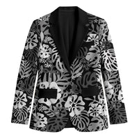 Black Aloha Hawaiian Blazer Monstera Hibiscus Tropical Pattern