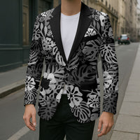 Black Aloha Hawaiian Blazer Monstera Hibiscus Tropical Pattern