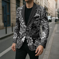 Black Aloha Hawaiian Blazer Monstera Hibiscus Tropical Pattern
