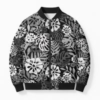 Black Aloha Hawaiian Bomber Puffer Jacket Monstera Hibiscus Tropical Pattern