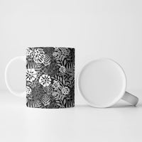 Black Aloha Hawaiian Ceramic Mug Monstera Hibiscus Tropical Pattern