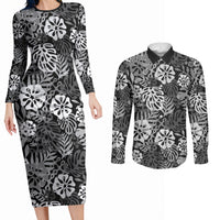 Black Aloha Hawaiian Couples Matching Long Sleeve Bodycon Dress and Long Sleeve Button Shirt Monstera Hibiscus Tropical Pattern