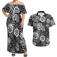 Black Aloha Hawaiian Couples Matching Off Shoulder Maxi Dress and Hawaiian Shirt Monstera Hibiscus Tropical Pattern