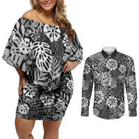 Black Aloha Hawaiian Couples Matching Off Shoulder Short Dress and Long Sleeve Button Shirt Monstera Hibiscus Tropical Pattern
