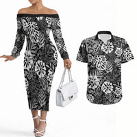 Black Aloha Hawaiian Couples Matching Off The Shoulder Long Sleeve Dress and Hawaiian Shirt Monstera Hibiscus Tropical Pattern