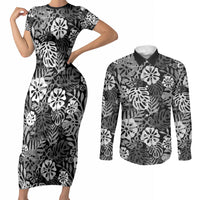 Black Aloha Hawaiian Couples Matching Short Sleeve Bodycon Dress and Long Sleeve Button Shirt Monstera Hibiscus Tropical Pattern