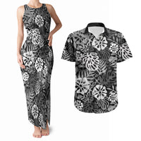 Black Aloha Hawaiian Couples Matching Tank Maxi Dress and Hawaiian Shirt Monstera Hibiscus Tropical Pattern