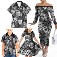 Black Aloha Hawaiian Family Matching Off The Shoulder Long Sleeve Dress and Hawaiian Shirt Monstera Hibiscus Tropical Pattern