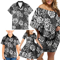 Black Aloha Hawaiian Family Matching Off Shoulder Short Dress and Hawaiian Shirt Monstera Hibiscus Tropical Pattern