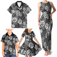 Black Aloha Hawaiian Family Matching Tank Maxi Dress and Hawaiian Shirt Monstera Hibiscus Tropical Pattern