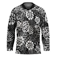Black Aloha Hawaiian Hockey Jersey Monstera Hibiscus Tropical Pattern