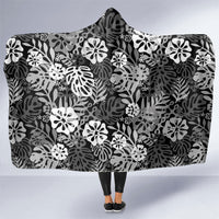 Black Aloha Hawaiian Hooded Blanket Monstera Hibiscus Tropical Pattern